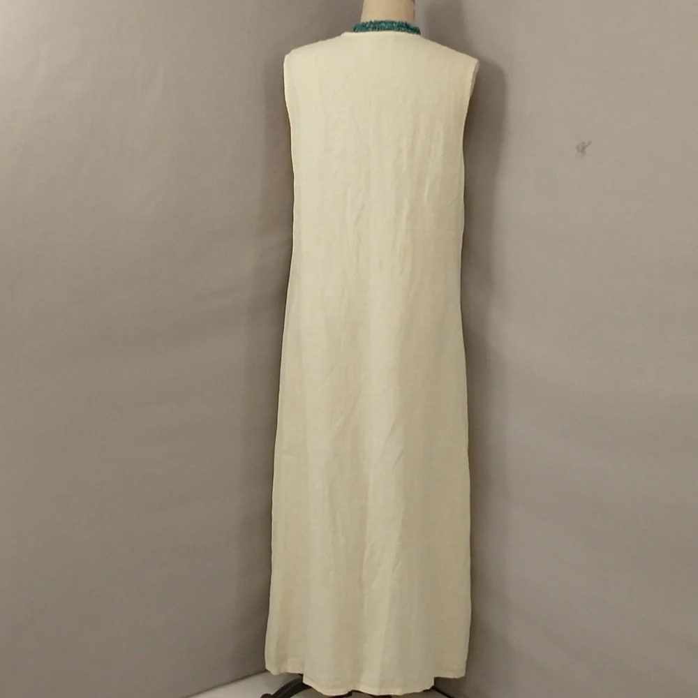 Pale Yellow 100% Linen Maxi Shift Pastel Summer Natural SeeMeasurements USA made - Picture 4 of 8